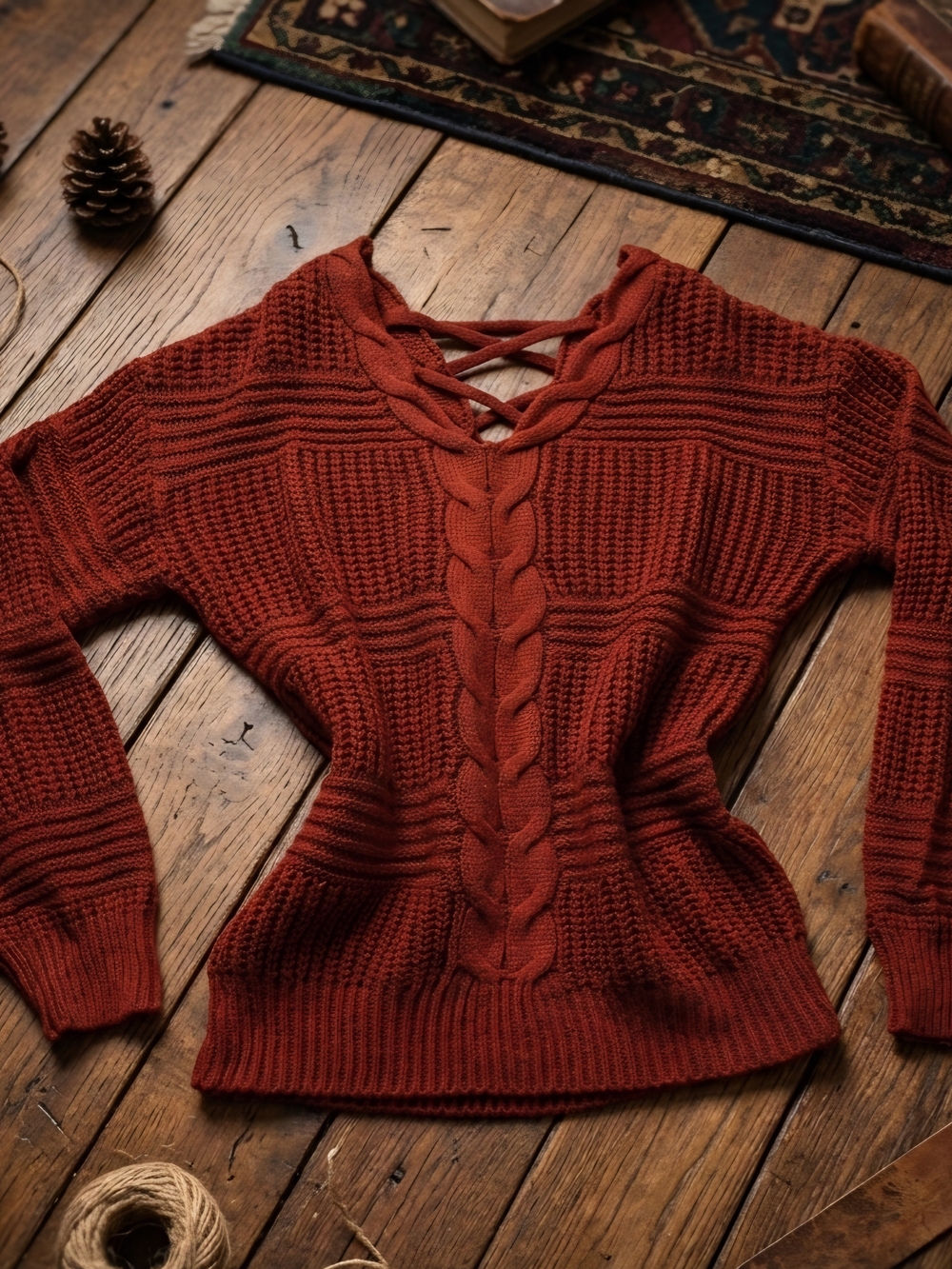 Cozy Rust Red Lace-Up Cable Knit Sweater